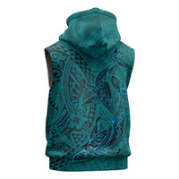 Hawaiian Whales Polynesian Art Motifs Sleeveless Hoodie Turquoise Color - Polynesian Pride