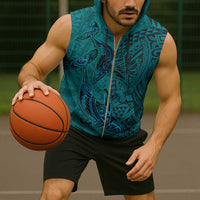 Hawaiian Whales Polynesian Art Motifs Sleeveless Zip Hoodie Turquoise Color LT03 - Polynesian Pride