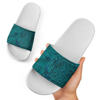 Hawaiian Whales Polynesian Art Motifs Slide Sandals Turquoise Color - Polynesian Pride