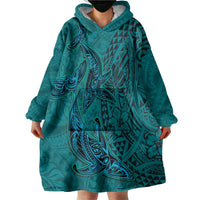 Hawaiian Whales Polynesian Art Motifs Wearable Blanket Hoodie Turquoise Color - Polynesian Pride