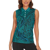 Hawaiian Whales Polynesian Art Motifs Women Sleeveless Polo Shirt Turquoise Color - Polynesian Pride
