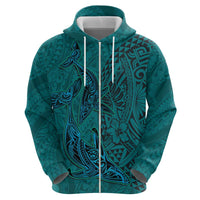 Hawaiian Whales Polynesian Art Motifs Zip Hoodie Turquoise Color - Polynesian Pride