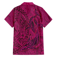 Hawaiian Whales Polynesian Art Motifs Family Matching Long Sleeve Bodycon Dress and Hawaiian Shirt Pink Color - Polynesian Pride