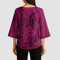 Hawaiian Whales Polynesian Art Motifs Kimono Sleeve Blouse Pink Color - Polynesian Pride