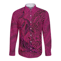 Hawaiian Whales Polynesian Art Motifs Long Sleeve Button Shirt Pink Color - Polynesian Pride