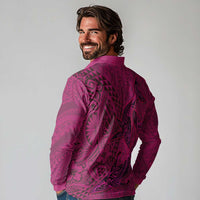 Hawaiian Whales Polynesian Art Motifs Long Sleeve Polo Shirt Pink Color - Polynesian Pride