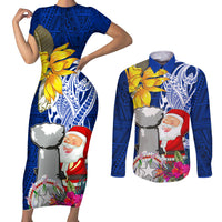 Custom Northern Mariana Islands Christmas Couples Matching Short Sleeve Bodycon Dress and Long Sleeve Button Shirt Funny Santa Hug Latte Stone Ylang-ylang and Polynesia Pattern Blue LT03 Blue - Polynesian Pride