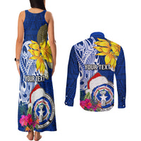 Custom Northern Mariana Islands Christmas Couples Matching Tank Maxi Dress and Long Sleeve Button Shirt Funny Santa Hug Latte Stone Ylang-ylang and Polynesia Pattern Blue LT03 - Polynesian Pride