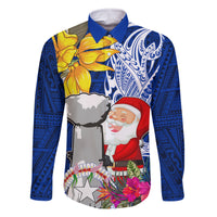 Custom Northern Mariana Islands Christmas Family Matching Long Sleeve Bodycon Dress and Hawaiian Shirt Funny Santa Hug Latte Stone Ylang-ylang and Polynesia Pattern Blue LT03 Dad's Shirt - Long Sleeve Blue - Polynesian Pride