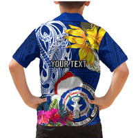 Custom Northern Mariana Islands Christmas Family Matching Mermaid Dress and Hawaiian Shirt Funny Santa Hug Latte Stone Ylang-ylang and Polynesia Pattern Blue LT03 - Polynesian Pride