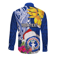 Custom Northern Mariana Islands Christmas Long Sleeve Button Shirt Funny Santa Hug Latte Stone Ylang-ylang and Polynesia Pattern Blue LT03 - Polynesian Pride