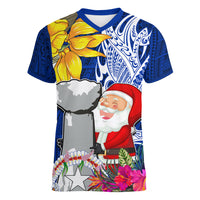 Custom Northern Mariana Islands Christmas Women V Neck T Shirt Funny Santa Hug Latte Stone Ylang-ylang and Polynesia Pattern Blue LT03 Female Blue - Polynesian Pride