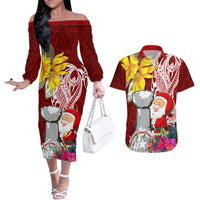 Custom Northern Mariana Islands Christmas Couples Matching Off The Shoulder Long Sleeve Dress and Hawaiian Shirt Funny Santa Hug Latte Stone Ylang-ylang and Polynesia Pattern Red LT03 Red - Polynesian Pride
