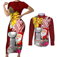 Custom Northern Mariana Islands Christmas Couples Matching Short Sleeve Bodycon Dress and Long Sleeve Button Shirt Funny Santa Hug Latte Stone Ylang-ylang and Polynesia Pattern Red LT03 Red - Polynesian Pride