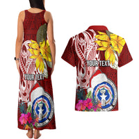 Custom Northern Mariana Islands Christmas Couples Matching Tank Maxi Dress and Hawaiian Shirt Funny Santa Hug Latte Stone Ylang-ylang and Polynesia Pattern Red LT03 - Polynesian Pride