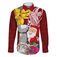 Custom Northern Mariana Islands Christmas Family Matching Summer Maxi Dress and Hawaiian Shirt Funny Santa Hug Latte Stone Ylang-ylang and Polynesia Pattern Red LT03 Dad's Shirt - Long Sleeve Red - Polynesian Pride
