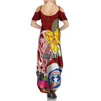 Custom Northern Mariana Islands Christmas Family Matching Summer Maxi Dress and Hawaiian Shirt Funny Santa Hug Latte Stone Ylang-ylang and Polynesia Pattern Red LT03 - Polynesian Pride