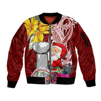 Custom Northern Mariana Islands Christmas Sleeve Zip Bomber Jacket Funny Santa Hug Latte Stone Ylang-ylang and Polynesia Pattern Red LT03 Unisex Red - Polynesian Pride