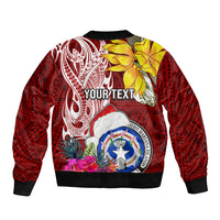 Custom Northern Mariana Islands Christmas Sleeve Zip Bomber Jacket Funny Santa Hug Latte Stone Ylang-ylang and Polynesia Pattern Red LT03 - Polynesian Pride