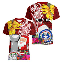 Custom Northern Mariana Islands Christmas Women V Neck T Shirt Funny Santa Hug Latte Stone Ylang-ylang and Polynesia Pattern Red LT03 - Polynesian Pride