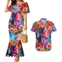 Polynesian Women Couples Matching Mermaid Dress and Hawaiian Shirt Tropical Plant - Vibrant Surreal Dreamscape Vibe