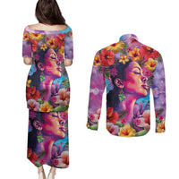 Polynesian Women Couples Matching Puletasi and Long Sleeve Button Shirt Tropical Plant - Vibrant Surreal Dreamscape Vibe