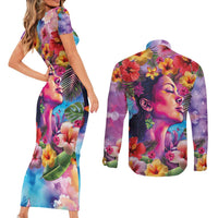 Polynesian Women Couples Matching Short Sleeve Bodycon Dress and Long Sleeve Button Shirt Tropical Plant - Vibrant Surreal Dreamscape Vibe
