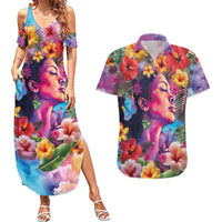 Polynesian Women Couples Matching Summer Maxi Dress and Hawaiian Shirt Tropical Plant - Vibrant Surreal Dreamscape Vibe