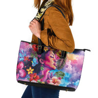 Polynesian Women Leather Tote Bag Tropical Plant - Vibrant Surreal Dreamscape Vibe