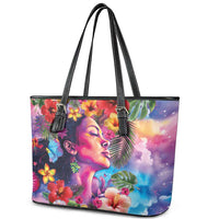 Polynesian Women Leather Tote Bag Tropical Plant - Vibrant Surreal Dreamscape Vibe