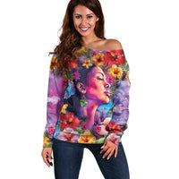 Polynesian Women Off Shoulder Sweater Tropical Plant - Vibrant Surreal Dreamscape Vibe