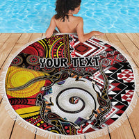Personalised Aotearoa and Australia Together Beach Blanket Koru and Kangaroo - Taniko with Aboriginal Motif