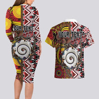 Personalised Aotearoa and Australia Together Couples Matching Long Sleeve Bodycon Dress and Hawaiian Shirt Koru and Kangaroo - Taniko with Aboriginal Motif