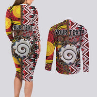 Personalised Aotearoa and Australia Together Couples Matching Long Sleeve Bodycon Dress and Long Sleeve Button Shirt Koru and Kangaroo - Taniko with Aboriginal Motif