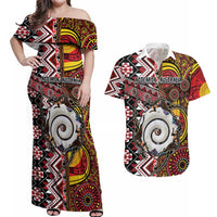 Personalised Aotearoa and Australia Together Couples Matching Off Shoulder Maxi Dress and Hawaiian Shirt Koru and Kangaroo - Taniko with Aboriginal Motif