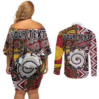 Personalised Aotearoa and Australia Together Couples Matching Off Shoulder Short Dress and Long Sleeve Button Shirt Koru and Kangaroo - Taniko with Aboriginal Motif