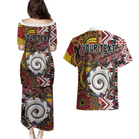 Personalised Aotearoa and Australia Together Couples Matching Puletasi and Hawaiian Shirt Koru and Kangaroo - Taniko with Aboriginal Motif