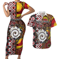 Personalised Aotearoa and Australia Together Couples Matching Short Sleeve Bodycon Dress and Hawaiian Shirt Koru and Kangaroo - Taniko with Aboriginal Motif