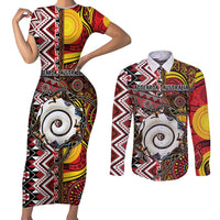 Personalised Aotearoa and Australia Together Couples Matching Short Sleeve Bodycon Dress and Long Sleeve Button Shirt Koru and Kangaroo - Taniko with Aboriginal Motif