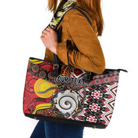 Personalised Aotearoa and Australia Together Leather Tote Bag Koru and Kangaroo - Taniko with Aboriginal Motif