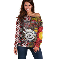 Personalised Aotearoa and Australia Together Off Shoulder Sweater Koru and Kangaroo - Taniko with Aboriginal Motif