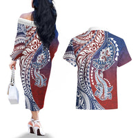 Hawaiian Manta Ray and Hammerhead Shark Tribal Tattoo Couples Matching Off The Shoulder Long Sleeve Dress and Hawaiian Shirt with Polynesian Tribal Pattern Hawaii Flag Color