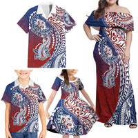 Hawaiian Manta Ray and Hammerhead Shark Tribal Tattoo Family Matching Off Shoulder Maxi Dress and Hawaiian Shirt with Polynesian Tribal Pattern Hawaii Flag Color