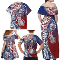 Hawaiian Manta Ray and Hammerhead Shark Tribal Tattoo Family Matching Off Shoulder Maxi Dress and Hawaiian Shirt with Polynesian Tribal Pattern Hawaii Flag Color