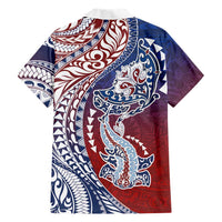 Hawaiian Manta Ray and Hammerhead Shark Tribal Tattoo Family Matching Off Shoulder Maxi Dress and Hawaiian Shirt with Polynesian Tribal Pattern Hawaii Flag Color