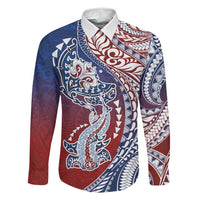Hawaiian Manta Ray and Hammerhead Shark Tribal Tattoo Family Matching Off Shoulder Maxi Dress and Hawaiian Shirt with Polynesian Tribal Pattern Hawaii Flag Color