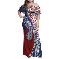 Hawaiian Manta Ray and Hammerhead Shark Tribal Tattoo Family Matching Off Shoulder Maxi Dress and Hawaiian Shirt with Polynesian Tribal Pattern Hawaii Flag Color