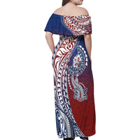 Hawaiian Manta Ray and Hammerhead Shark Tribal Tattoo Family Matching Off Shoulder Maxi Dress and Hawaiian Shirt with Polynesian Tribal Pattern Hawaii Flag Color