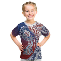 Hawaiian Manta Ray and Hammerhead Shark Tribal Tattoo Kid T Shirt with Polynesian Tribal Pattern Hawaii Flag Color