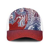 Hawaiian Manta Ray and Hammerhead Shark Tribal Tattoo Mesh Trucker Cap with Polynesian Tribal Pattern Hawaii Flag Color